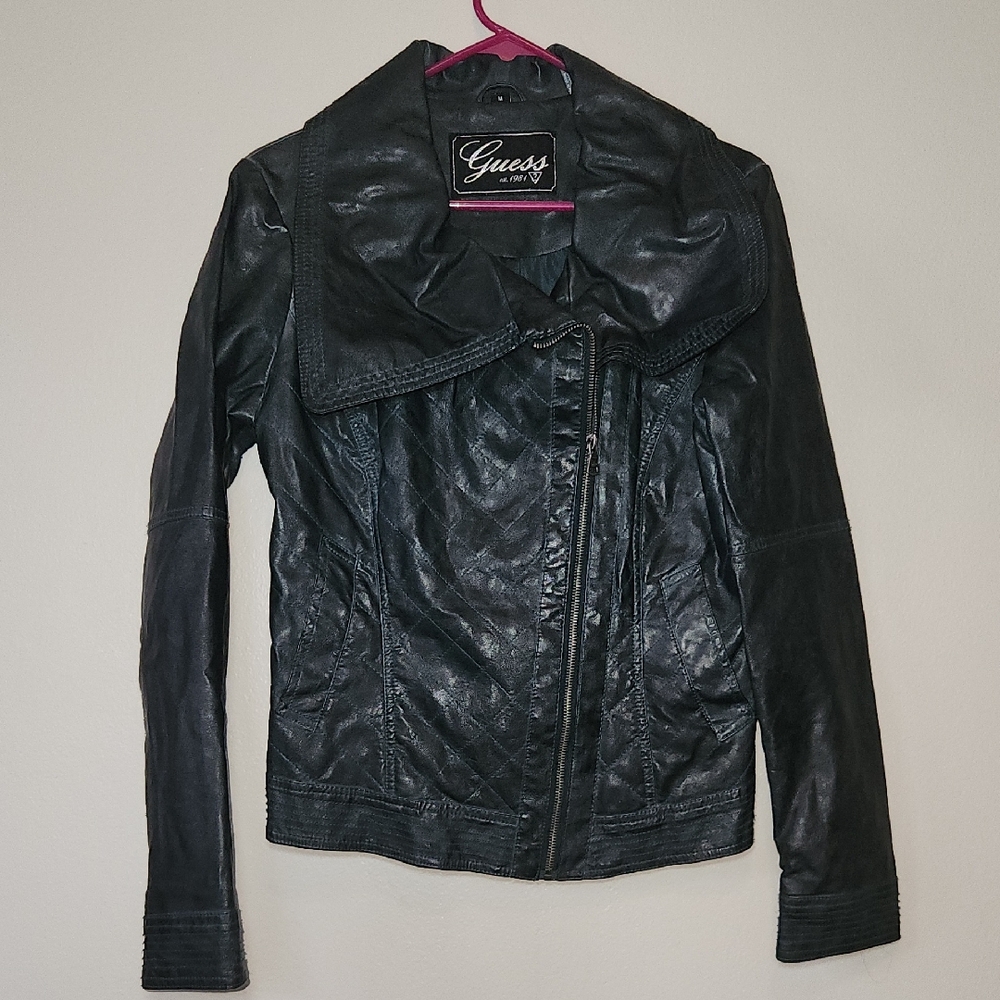 Guess Women Dark Green (Nearly Black) Faux Leather Jacket Sz M Asymmetric Zipper